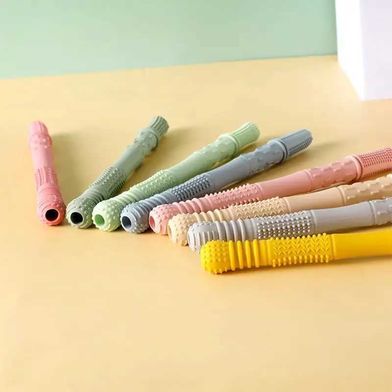 5pcs/set Silicone Hollow Teether Tube Chew Straw Sensory Toy for Toddlers Silicone Teething Toys Gifts G251125