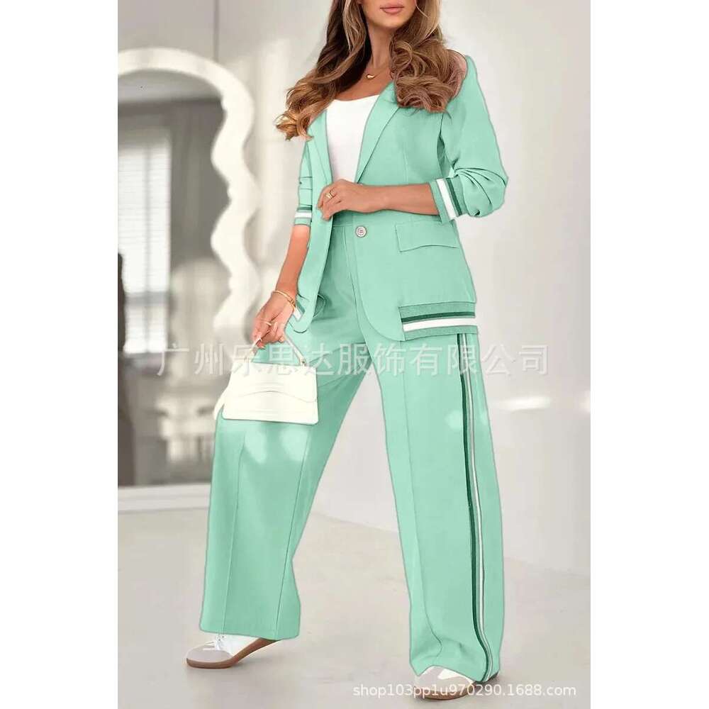 Spring Fashion Casual Loose Button Suit Wide Leg Pants Two Piece Set Women