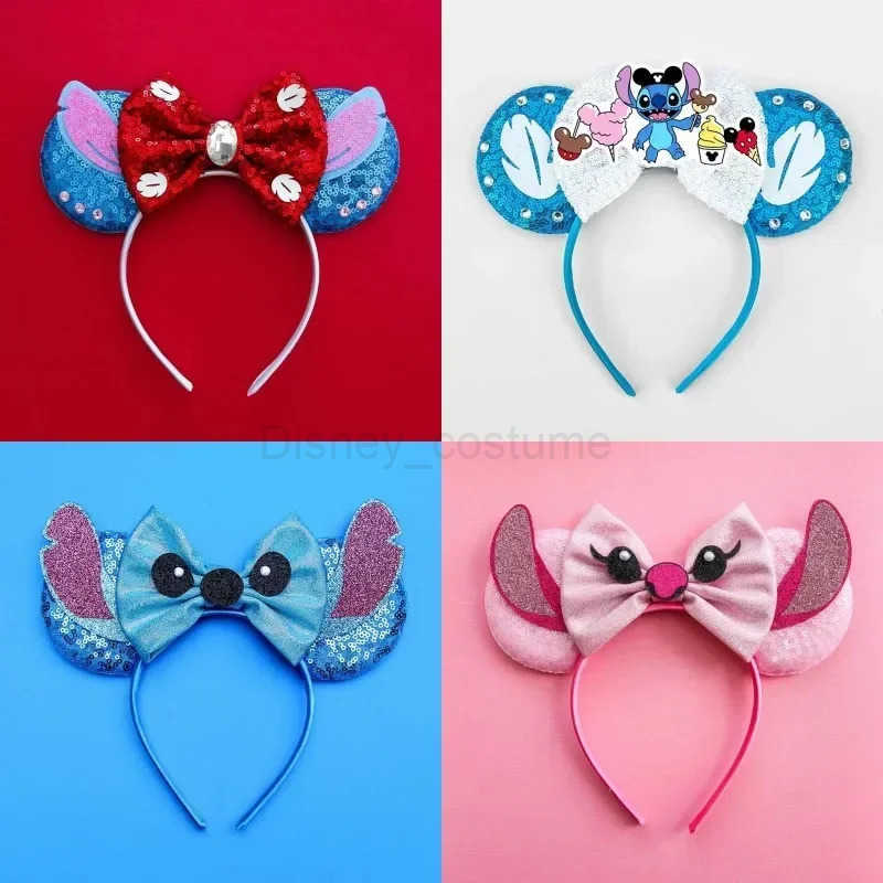 Disney Lilo Stitch Ears Hair Bands Girls Pink Angel Headbands Children Bow Blue Stitching Hair Accessories Womens Glitter Disney Headbands X250425