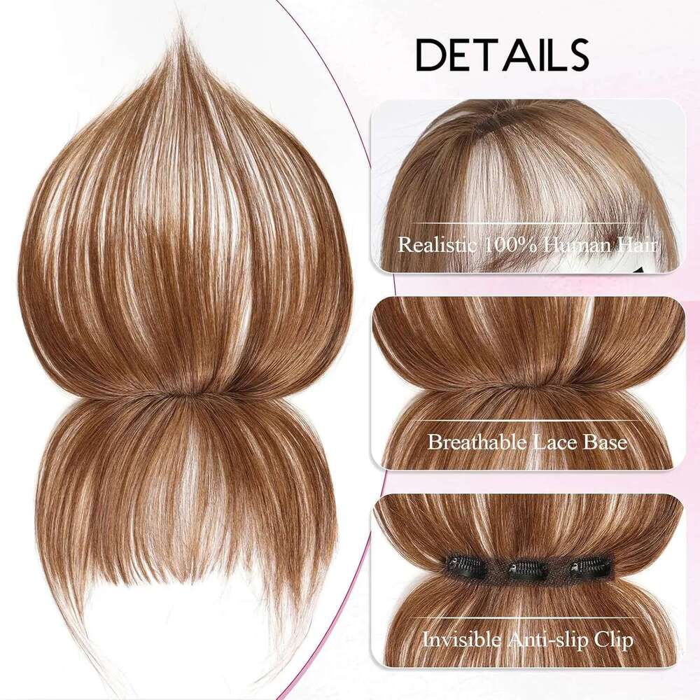 Clip In Ash Brown 100% Human Hair Bangs 3 Non-Slip Clips 360°Cover Top Hairpieces With 5 Inch Wispy Fringes For Women