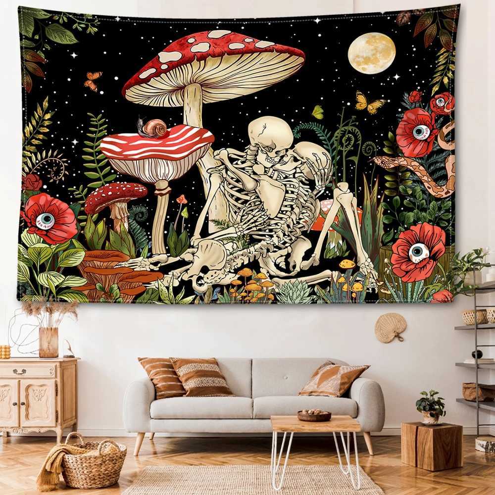 Mushroom And Skeleton Tapestry Wall Hanging Psychedelic Witchcraft Hippie Abstract Scenery Dormitory Bedroom Home DecorM251125