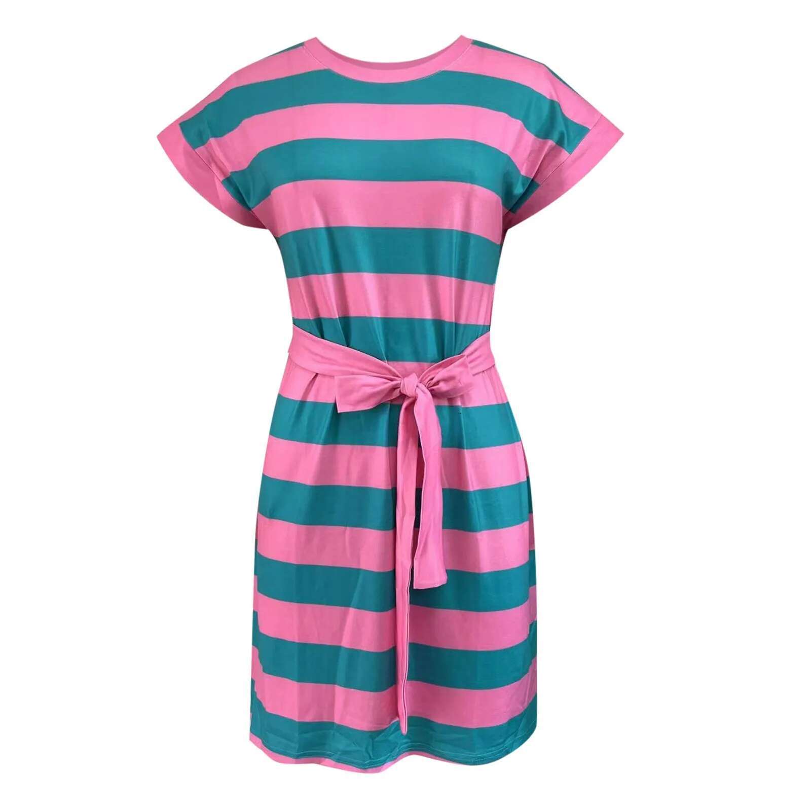 Dongdumaoyi Womens Striped Summer Dresses Casual O Neck Short Sleeve Color Block Tshirt Dress Knee Length