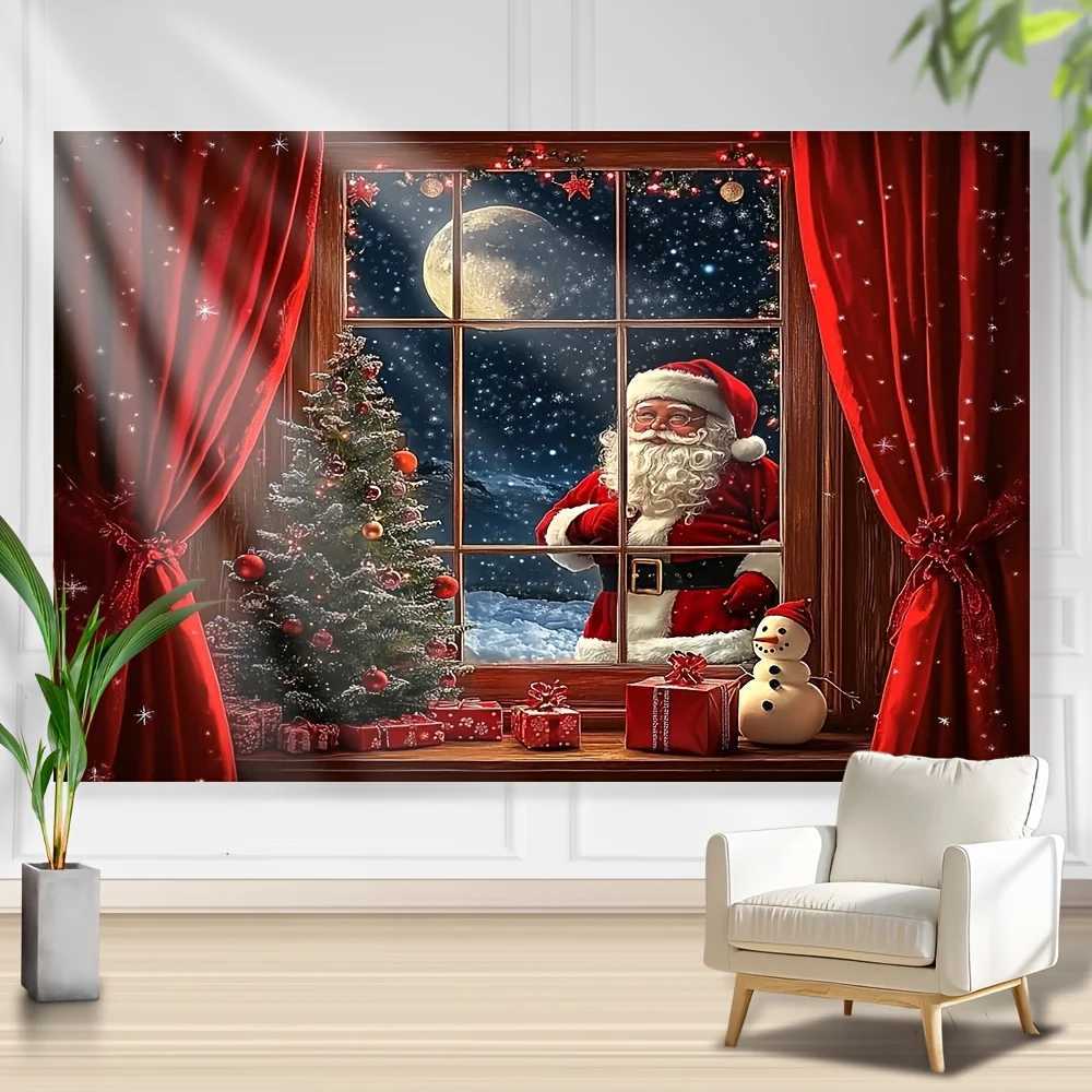 Festive Santa Claus and Snowman Christmas Tapestry - Polyester Holiday Wall Decor for Winter Wonderland ThemeM251125