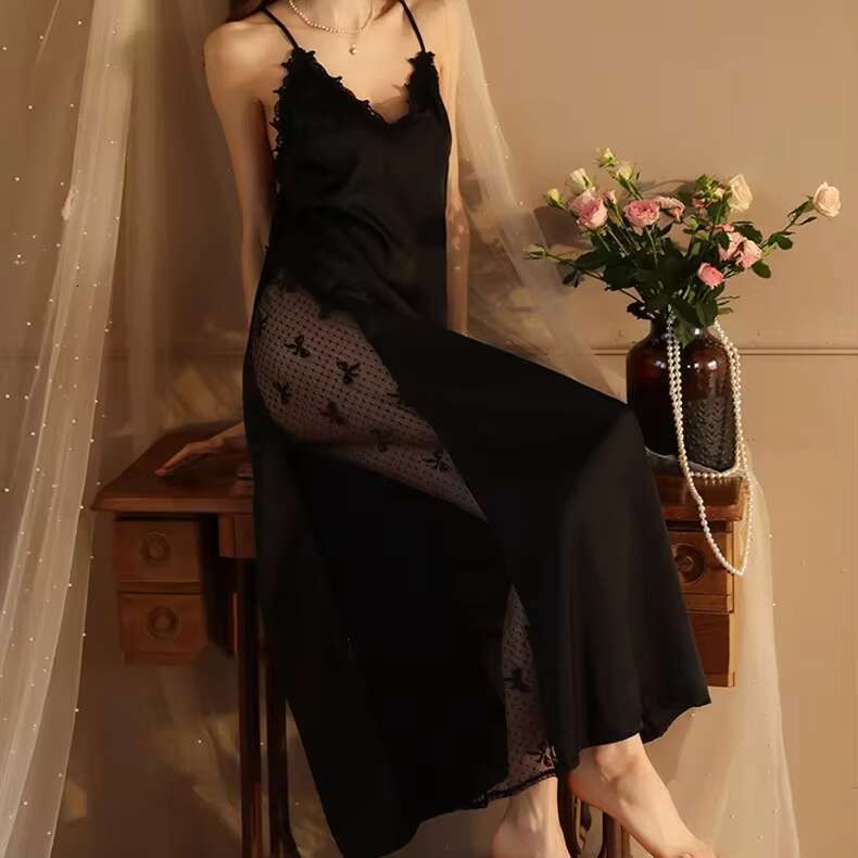 Silk Satin Ladies Sexy Robe Nightgown Women Sleepwear Lace Pijamas Dress