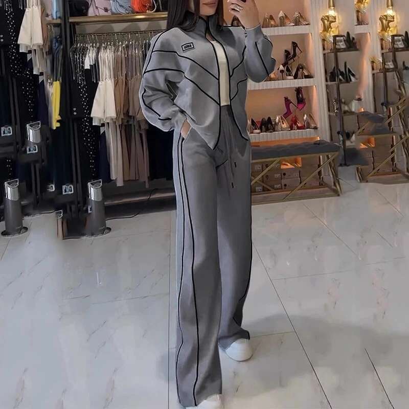 Spring Autumn Two-Piece Women Stand-Up Collar Long Sleeve Zipper Coat+High Waist Lace Up Straight Wide Leg Pants Set Outfits