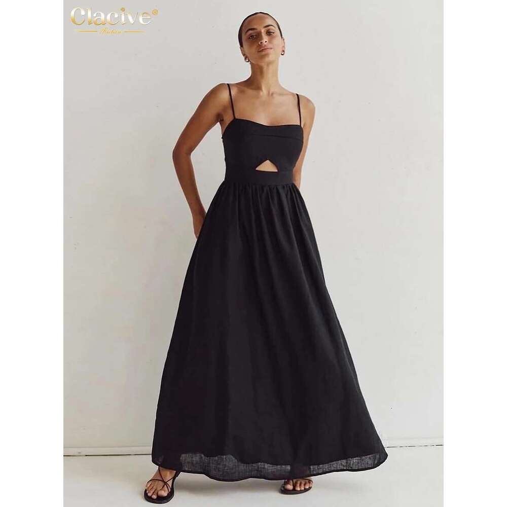 Clacive Sexy Loose Black Cotton Womens Dresses 2024 Summer Strap Sleeveless Ankle Length Elegant Hollow Out Female Dress
