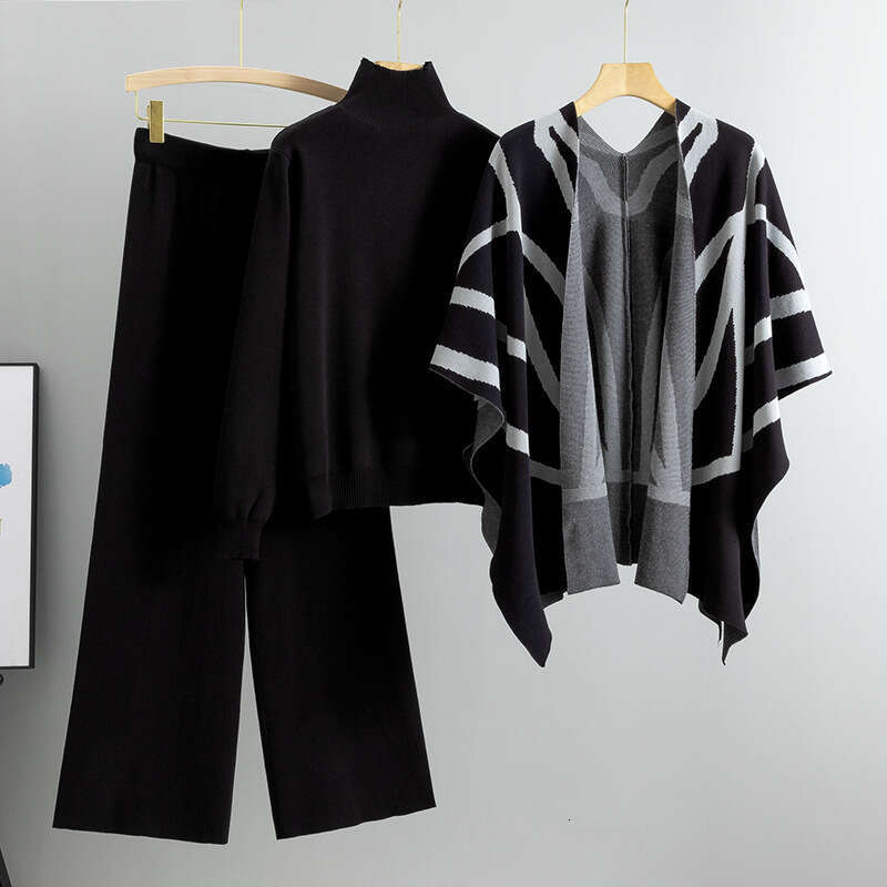 Casual Suit Womens Autumn and Winter New Temperament Socialite Lazy Style Knitted Sweater Shawl Cape Wide Leg Pants Three Piece Set Solid Popular New 