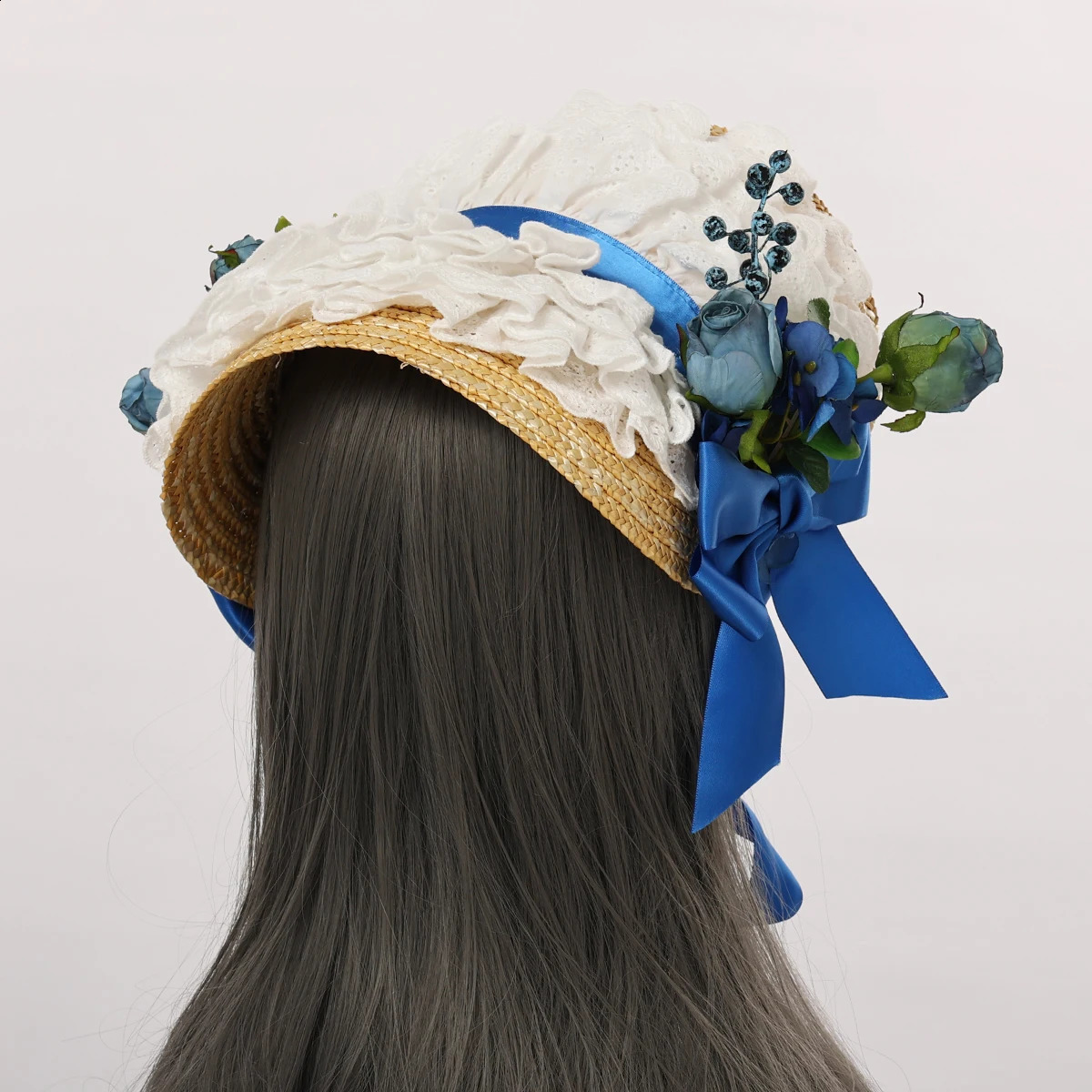 Victorian Bonnet Straw Hat for Women Cosplay Headpiece Flowers Lace Ribbon Flat Cap 250420