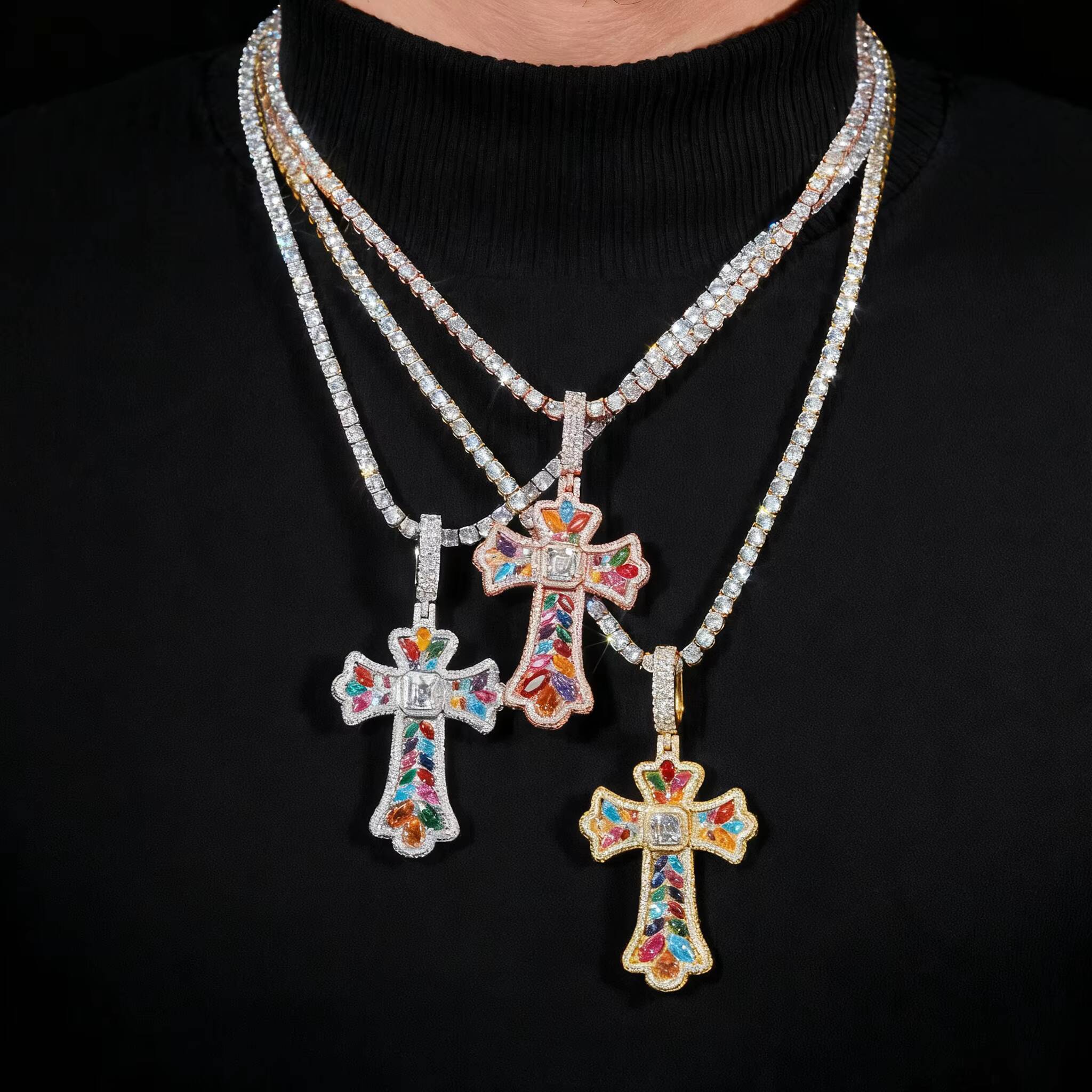 Custom Wholesale Hip Hop Iced Out Vvs Moissanite Cross Pendant 18k Gold Plated Pass Diamond Test Necklace Chain Fine Jewelry Men