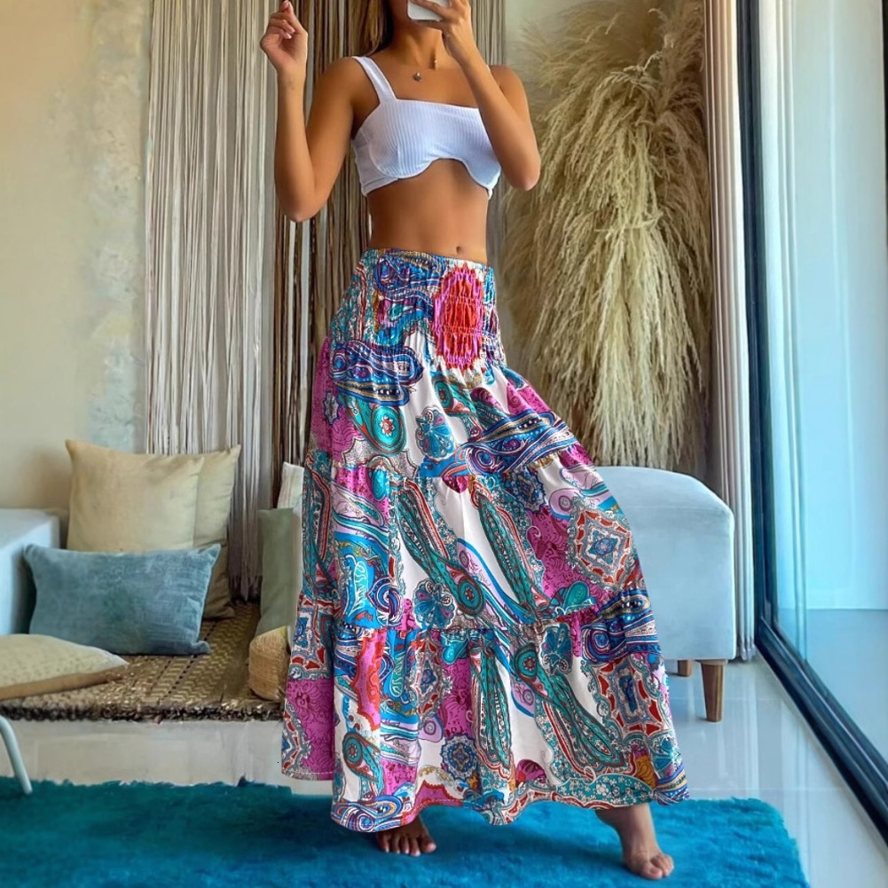 2025 Summer High Waist Elastic Waist Loose Printed Long Skirt for Women
