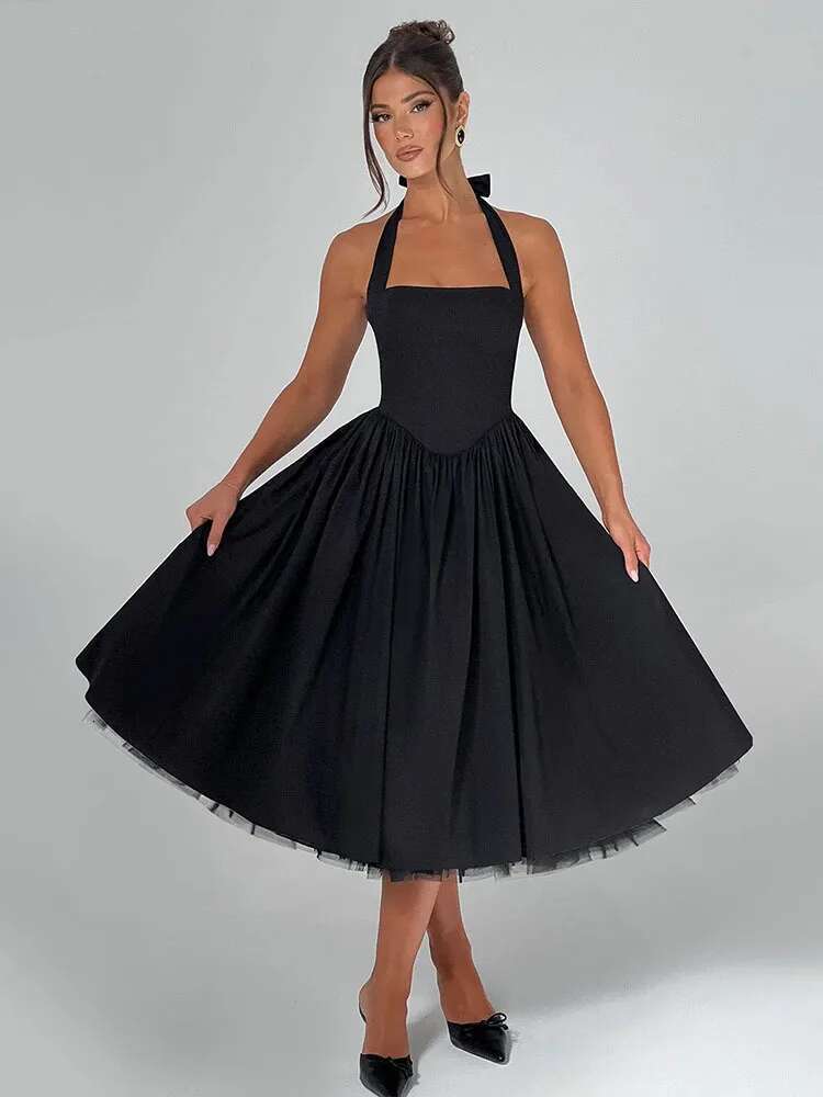 Dongdumaoyi Townlike Waist Wrap A Line Dress Women Halter Spring Summer Midi Long Nightclub Sexy Party Dresses With Lining