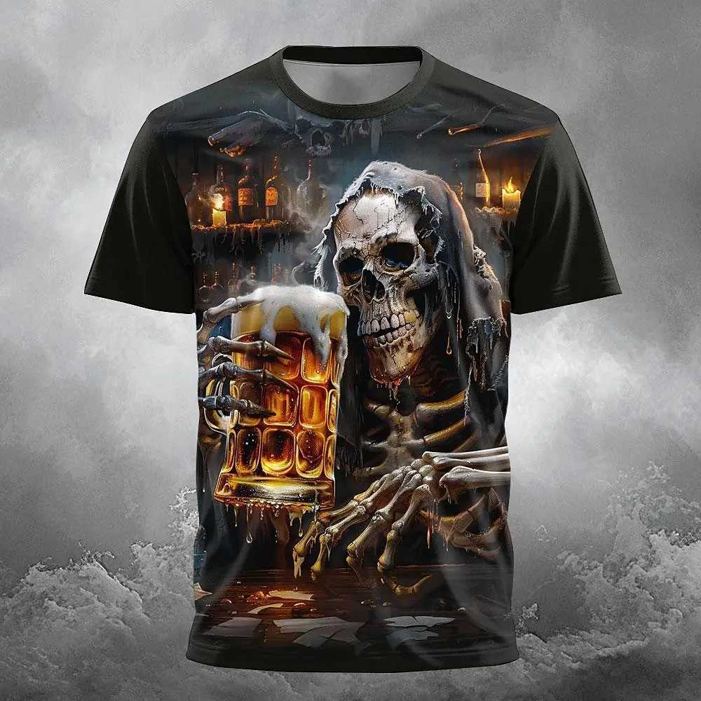 Mens T-shirt 3D skull print casual crew collar T-shirt short sleeved top summer oversized T-shirt hip-hop fashion mens clothing W250425