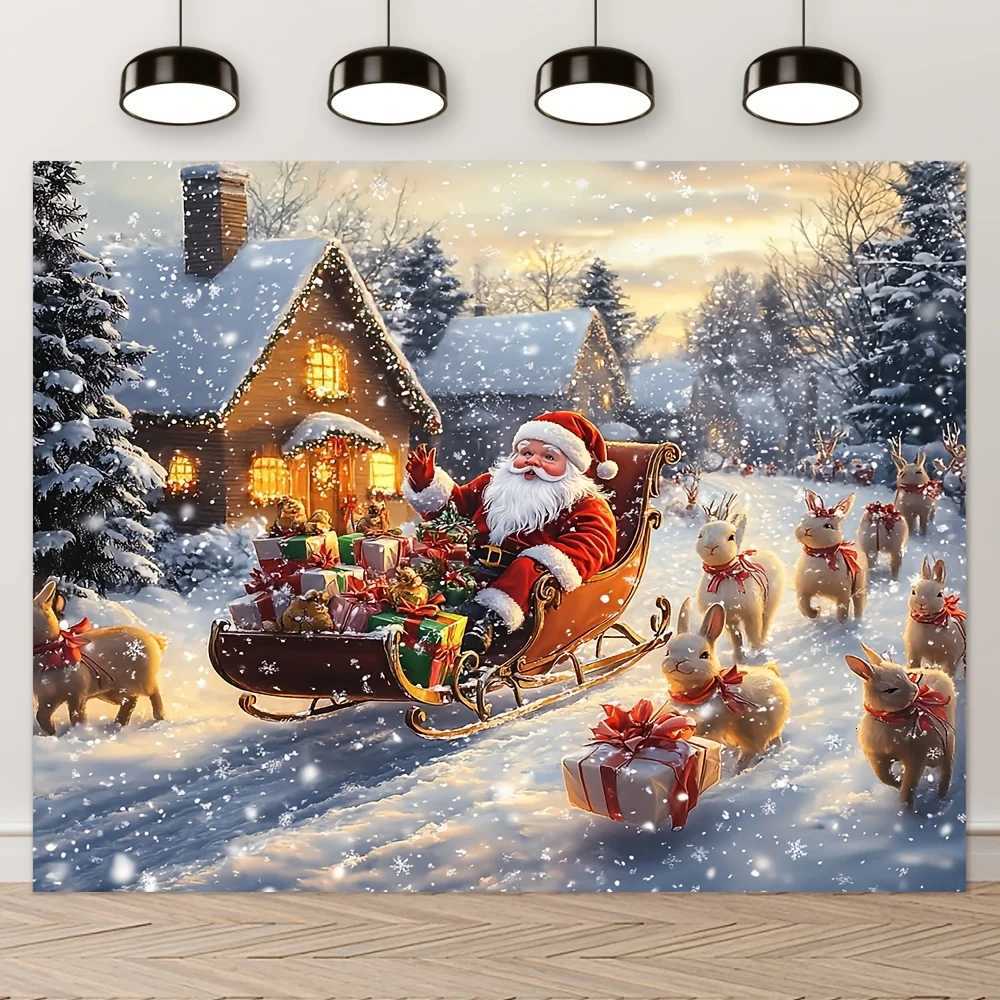 tapestry1pc Merry Christmas Decorative Banner Santa Claus and Reindeer Sleigh Background 100 PolyesterM251125