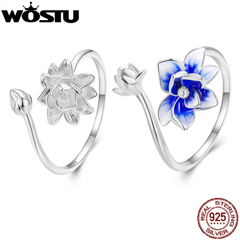 WOSTU Real 925 Sterling Silver Unique Lotus Open Rings For Women Blue Enamel Statement Flower Ring Wedding Party Jewelry Gift 250425