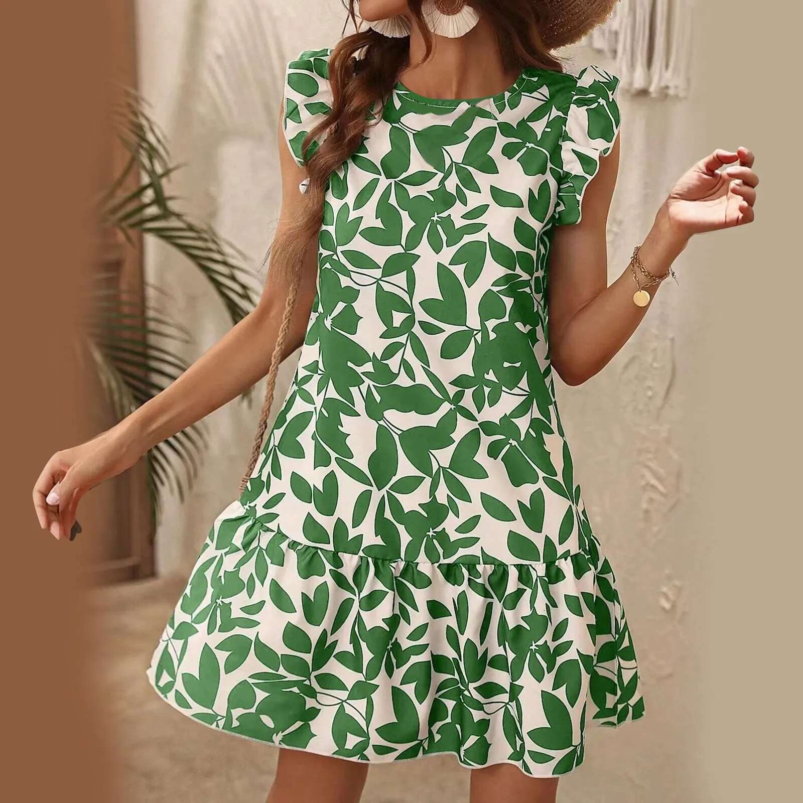 Dongdumaoyi Elegant O Neck Print Ruffles A Line Dress Women Summer Sleeveless Bohemian Sundress Casual Loose Party Knee Length Beach