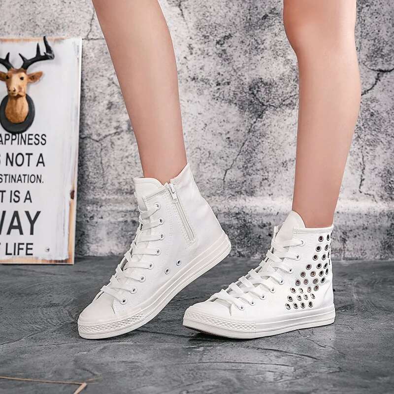 Spring new medium-sized lace-up side zipper rivet breathable short canvas flat inner heightening large size women's shoes