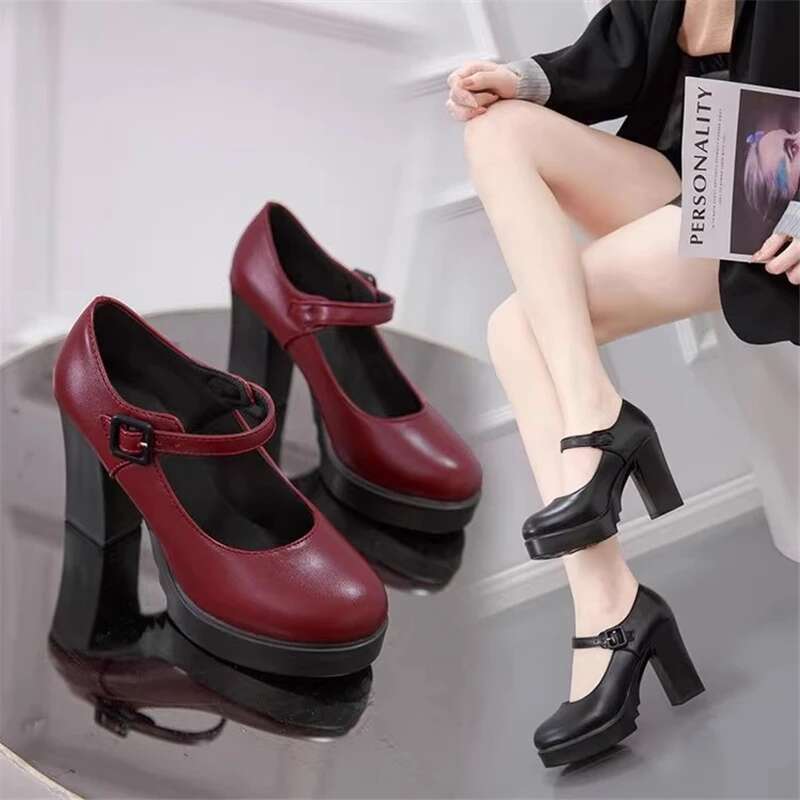 Spring new round toe shallow leather waterproof platform square heel high-heeled banquet dress large-size women's shoes