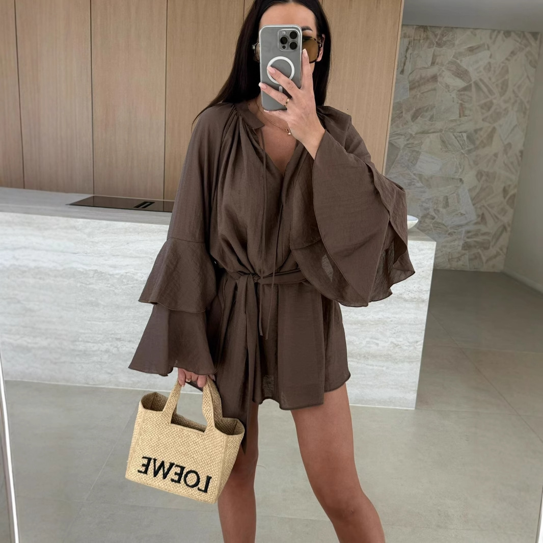 2025 new autumn solid color V-neck irregular lace up long sleeved loose dress for women