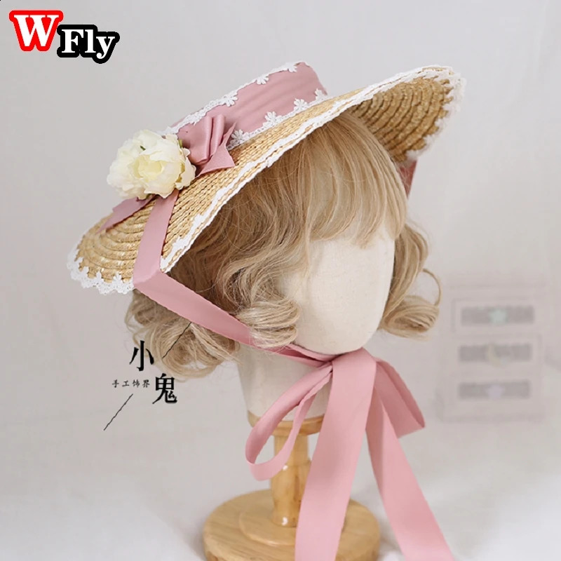 Japanese Women Girls Lolita Sweet Handmade Straw Sun Hat Lace Flower Ribbon Bandage Bowknot Wide Brim Elegant Straw hats 250420