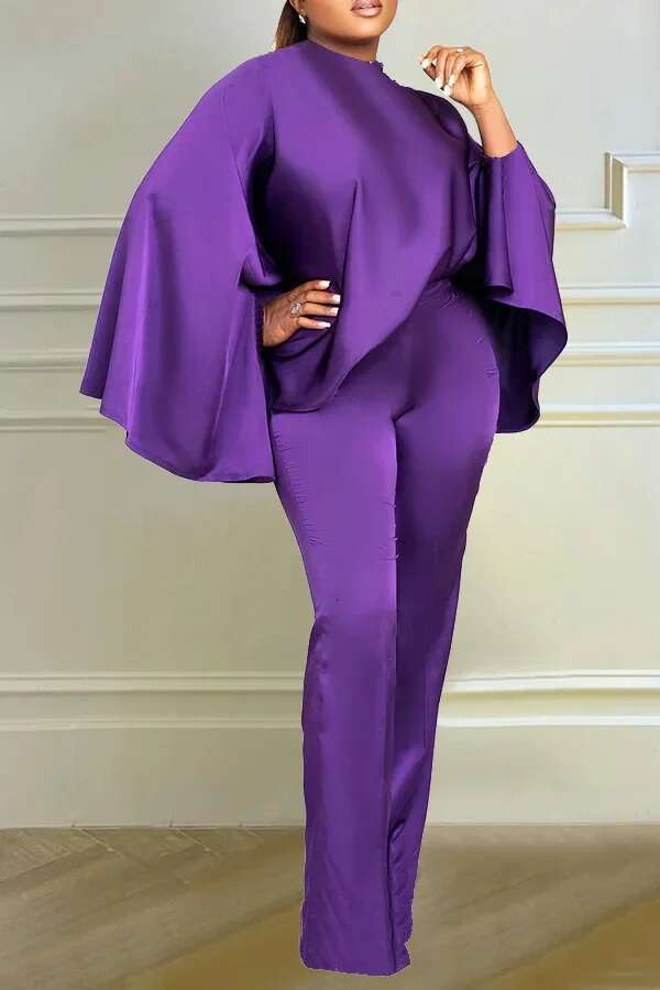 Casual Solid Silk Loose Fit Set Fashion Cloak Tops Wide Leg Pants Suit Women Party Evening Wedding 2 Piece Outfit