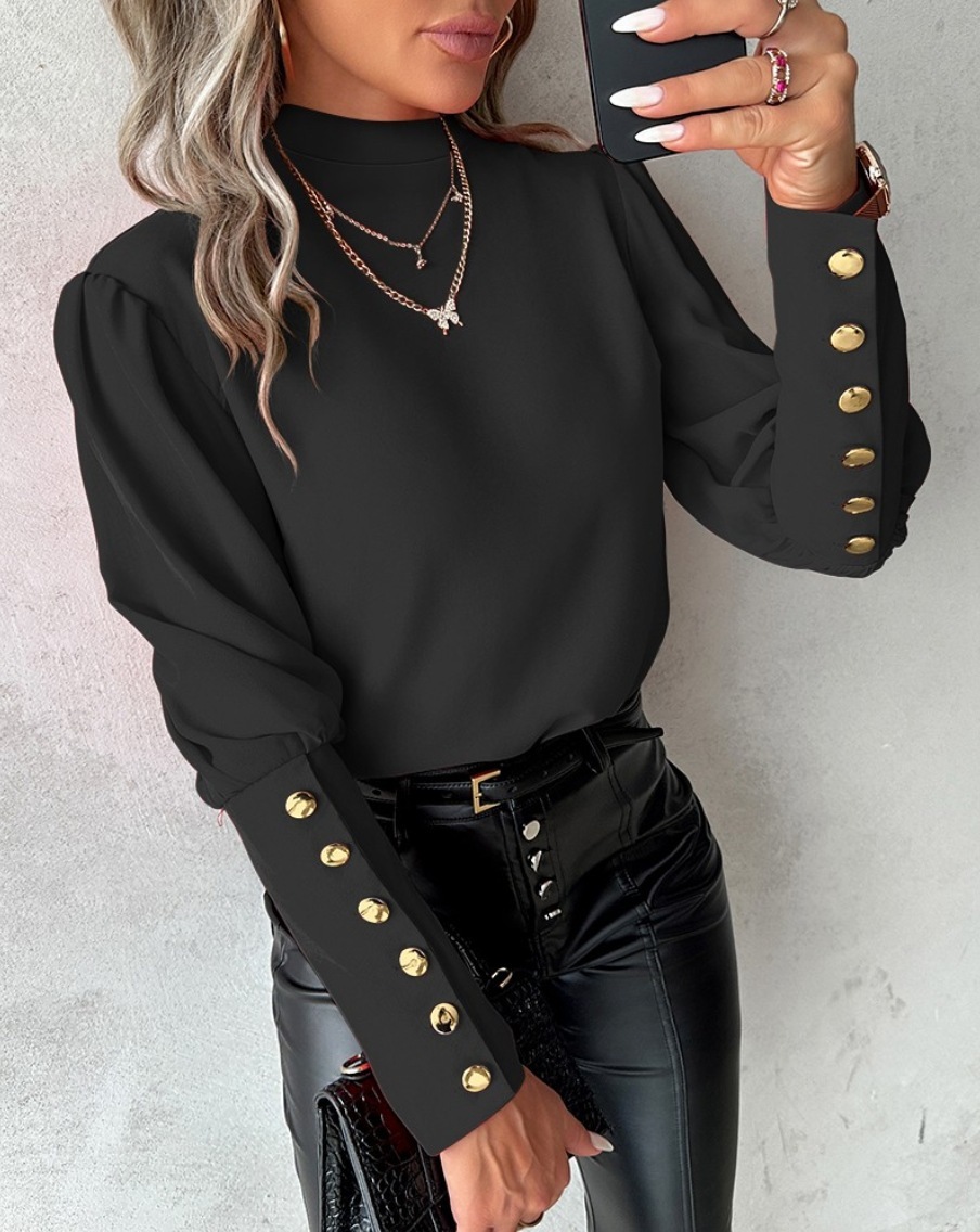 2024 Spring and Autumn Long sleeved Solid color Lace Round neck Button up Shirt for Women