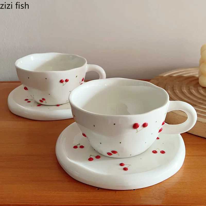 Cherry Coffee Cups and Plates Afternoon Tea Mug Water Cup Breakfast Cup Dessert Dish Milk Tea Cups Coffee Mug Tea Mugs Y251125