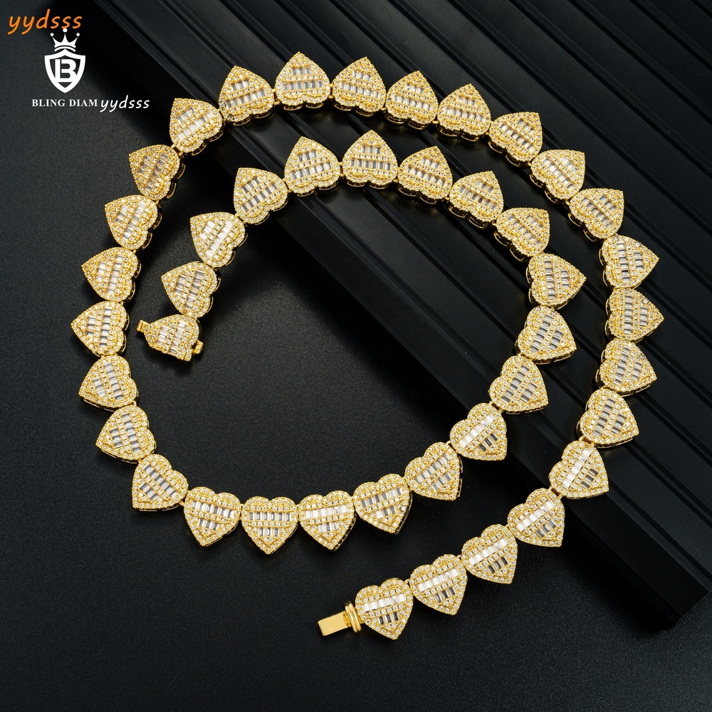 New Design baguette Cubic Moissaniteia 13mm Heart Sterling Silver 925 Necklace Women Wholesale Cuban Link Chain