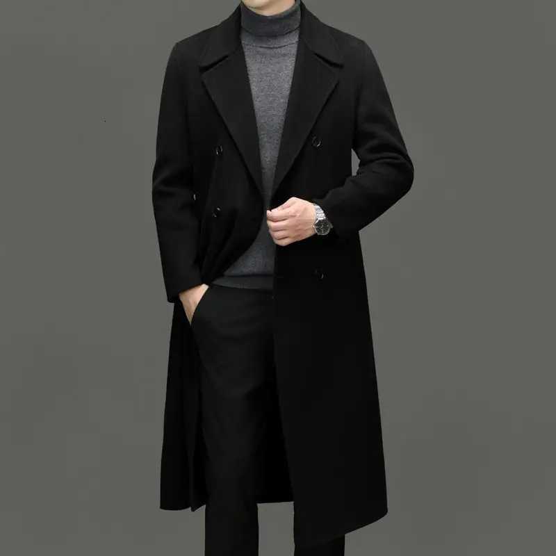 Mens Long Double Faced Wool Coat Over Knee Double Breasted Wool Trench Outerwear for Autumn WinterT251125