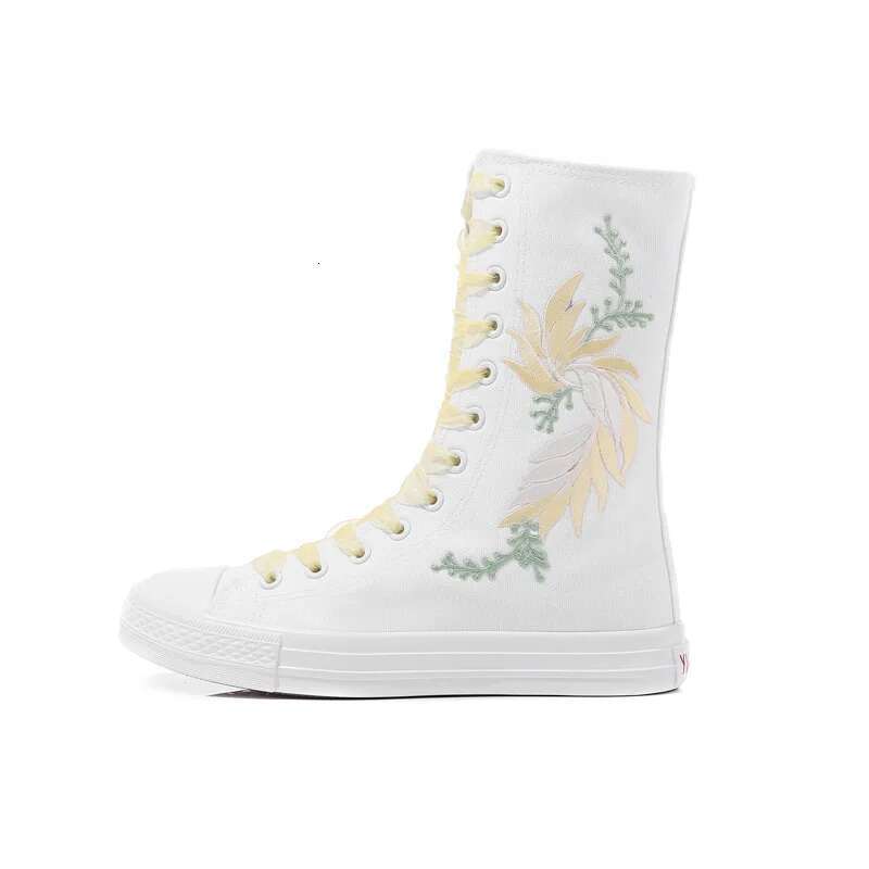 Spring new color lace-up side zipper medium tube embroidered canvas flat inner heightening casual large size women's shoes