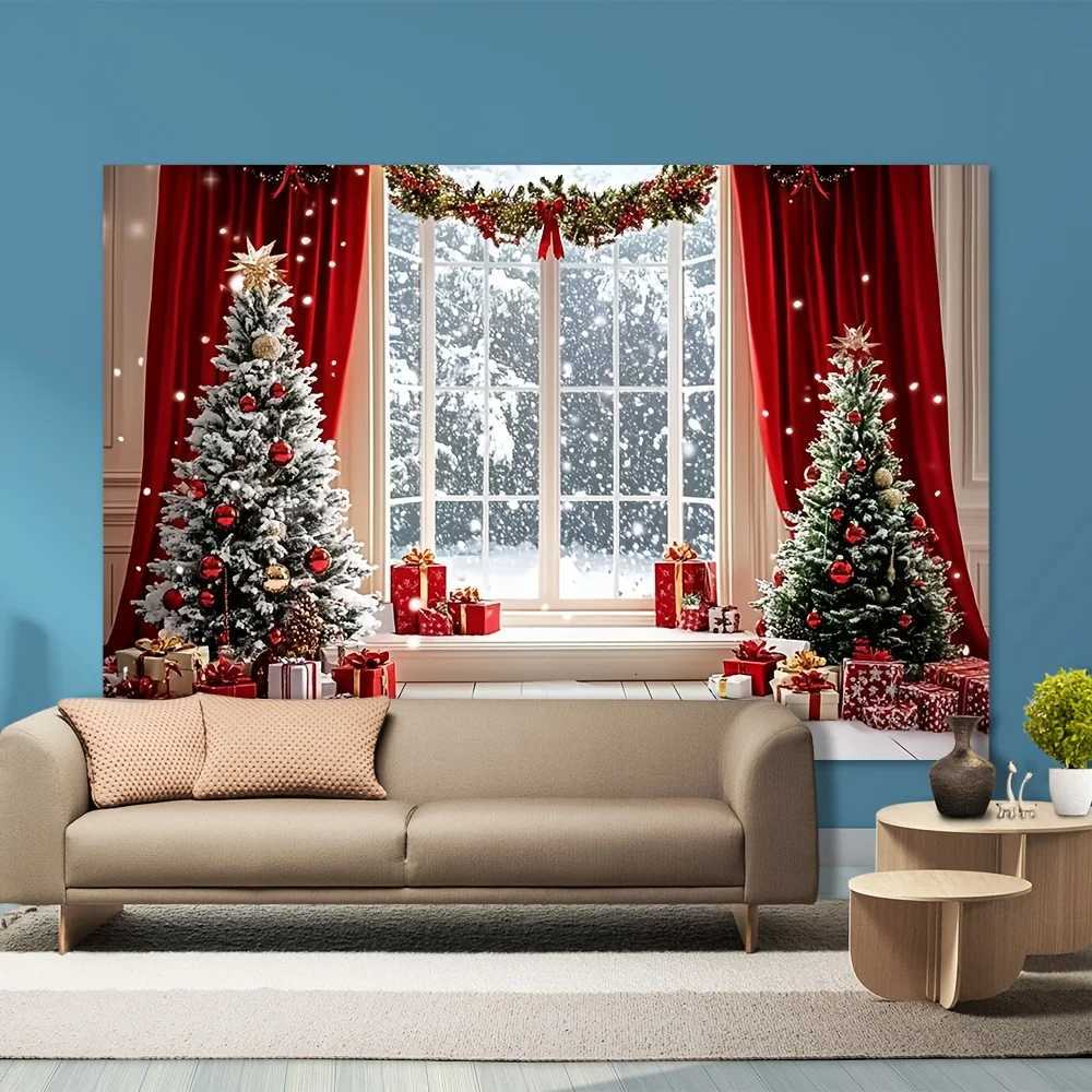 tapestry Large Wall Mural Winter Christmas Tree Snowy Window Scene with Red Curtains - 2D Flat Printing HolidayM251125
