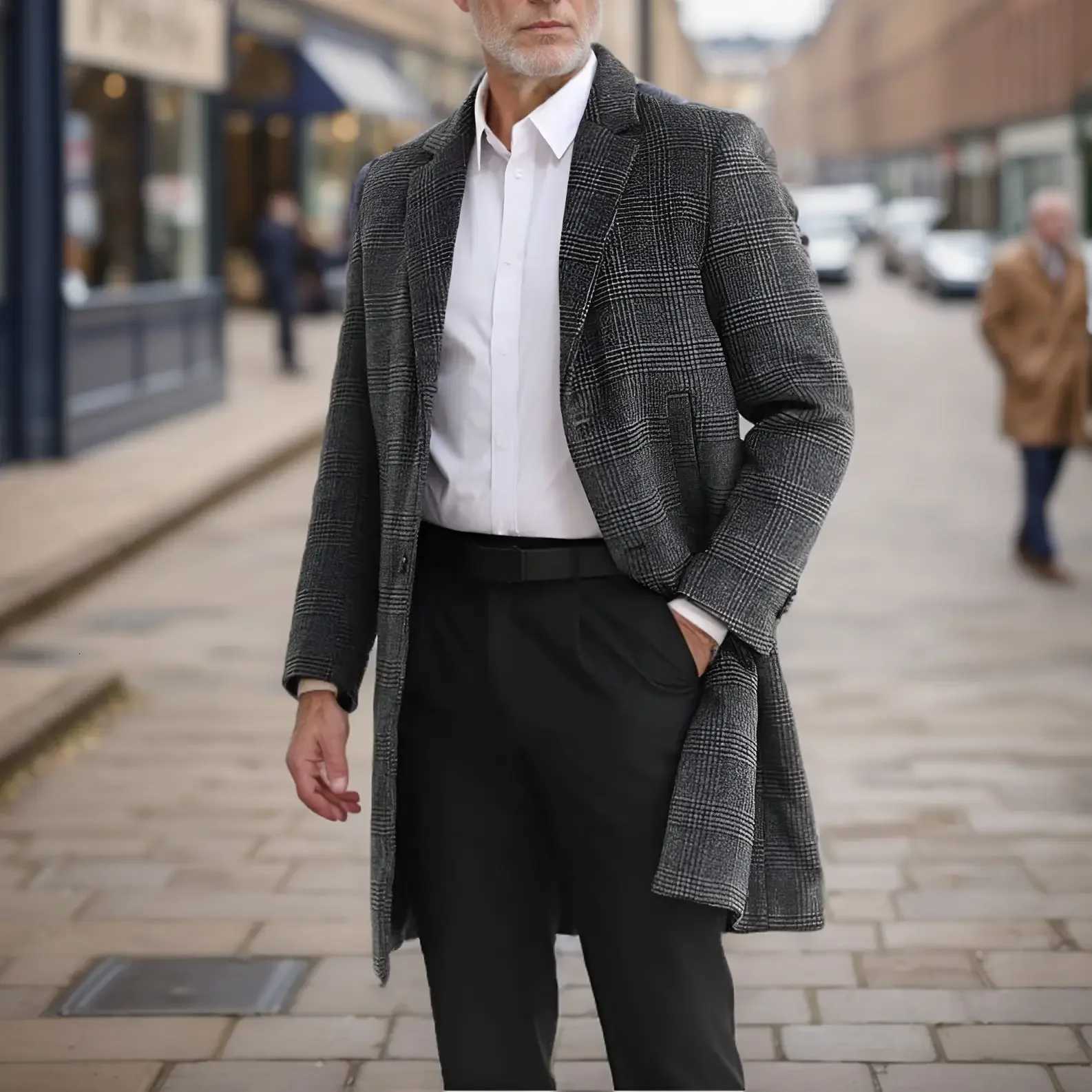 Autumn Winter Men Classical Plaid Cashmere Tweed Woolen Coat Gray Camel Plaid Pattern Cotton Blended Overcoat Male OutfitsT251125