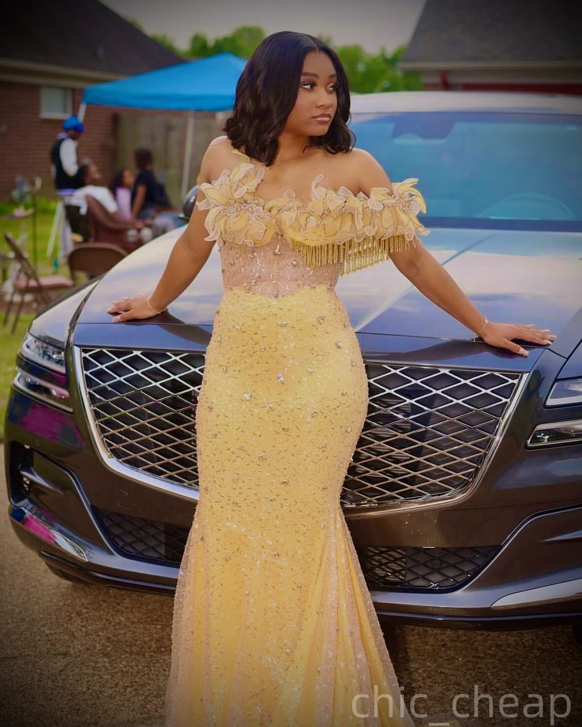 Light Yellow Mermaid Plus Size Prom Dresses 2025 Crystals Florals Sequined Evening Formal Party Second Birthday Engagement Gowns Dress For Special Occ