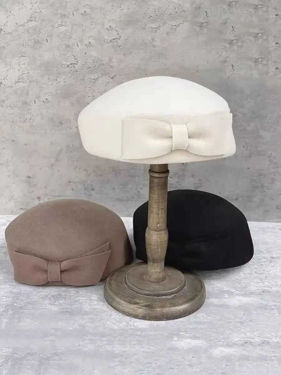 Womens Wool Beret Hat with Bow Winter Fascinator for Weddings Church J251125