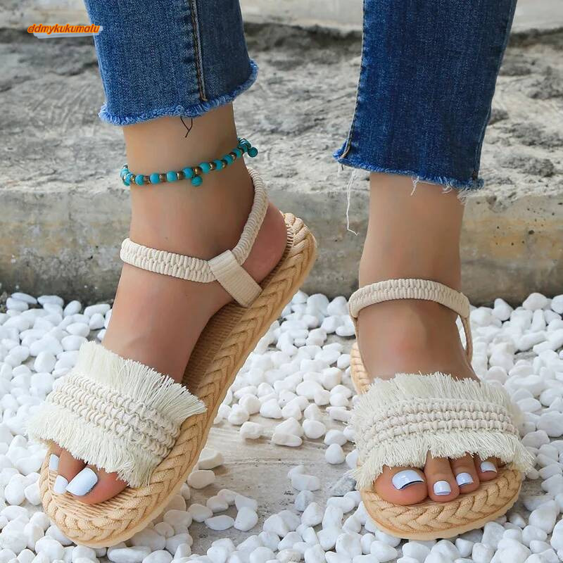 Women Shoes 36-41 Summer Elegant Tassel Non-slip Comfortable Breathable Flat Sandals Outdoor Beach Footwear Zapatos De Mujer ddmykukumalu