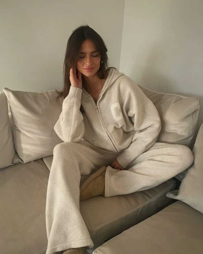 Womens Knit Hooded Jackets Pants 2 Piece Set Outwear Straight Pants Sve Zipper Coats Trousers Autumn Casual Woman Clothes W251125