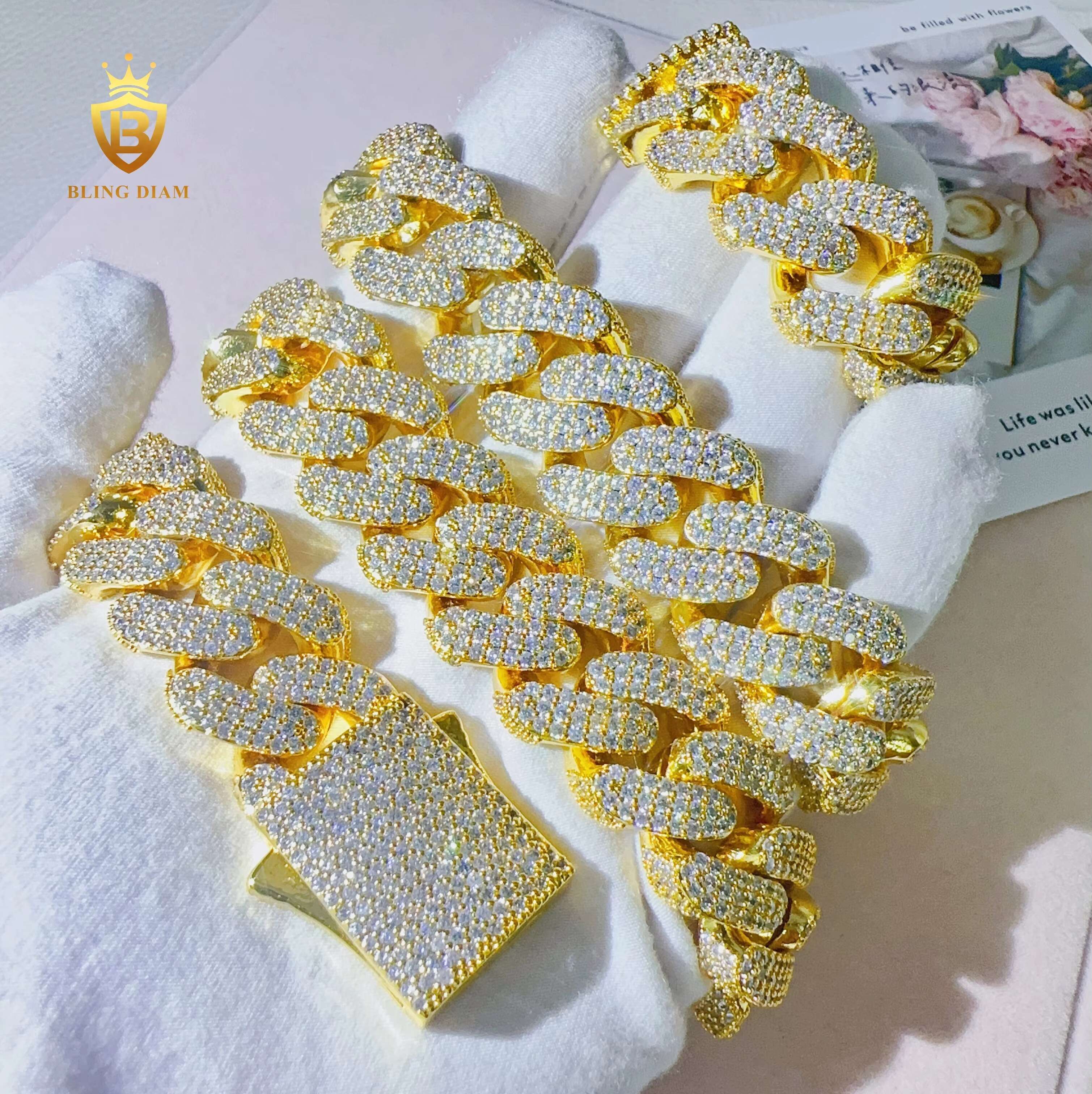 Fashion Jewelry 18mm 3rows AAAAA+ Moissanite Cuban Link Chain Fashion Spring Clasp Necklace