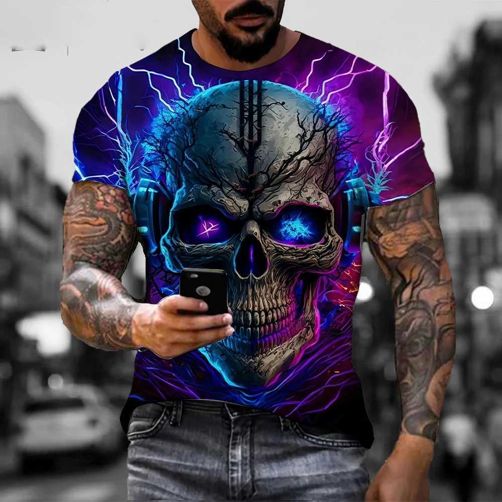 Mens horror skull print T-shirt 3D printed retro O-neck short sleeved fashionable oversized T-shirt mens summer streetwear W250425
