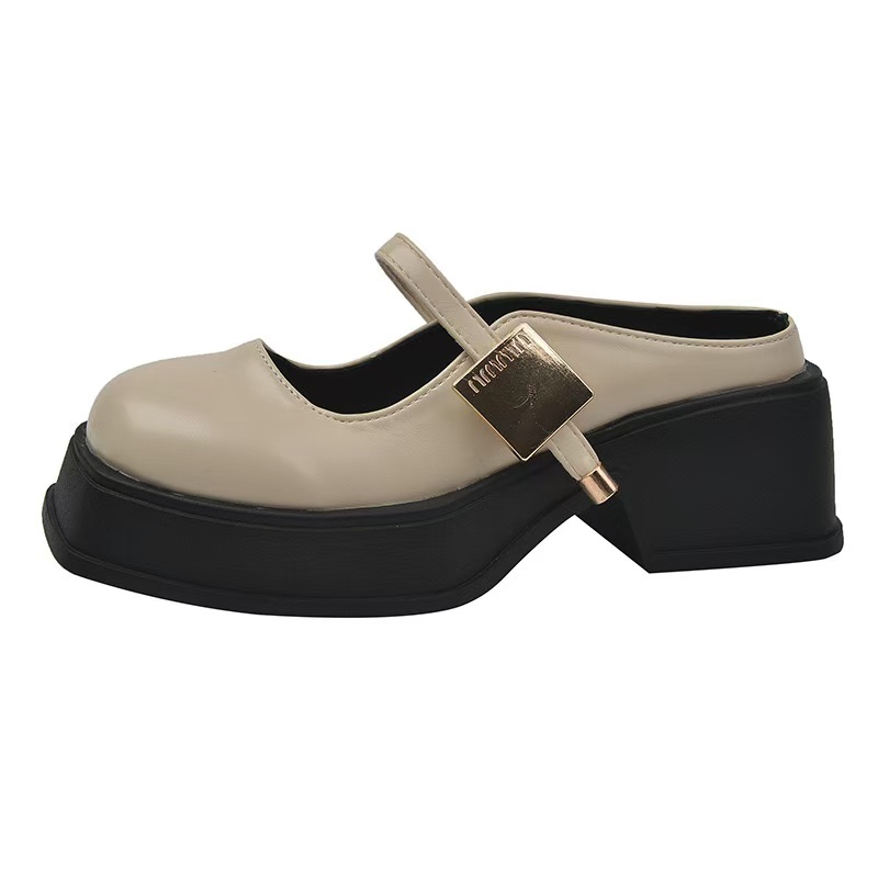 Womens Elegant Summer French Mary Jane Thick Heel hot Metal New Buckle British Style Flat Shoes For Commuting 240705