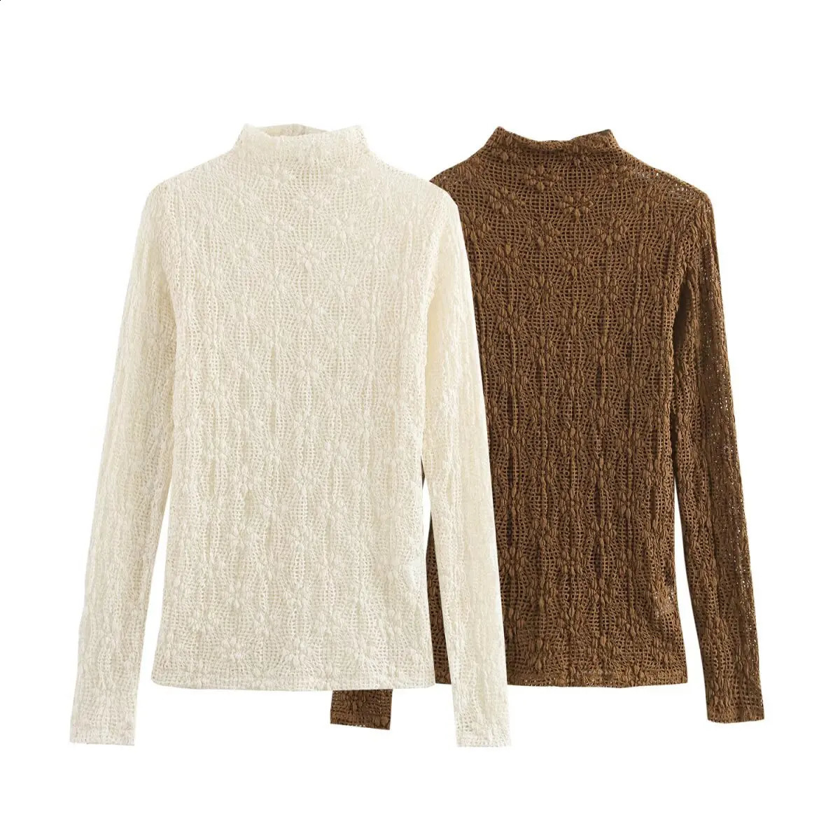 2025 turtle neck womens white lace shirt long sleeved slim fit thin mesh threeway spring sexy solid color bottom shirt top 250414