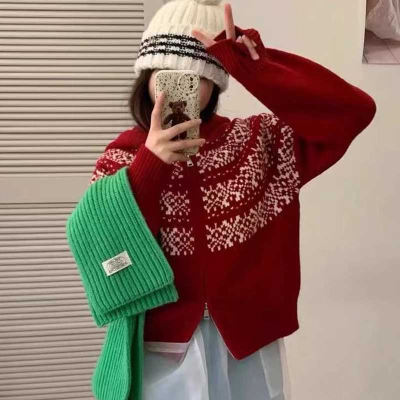NEW Korean Loose Zipper Knitted Sweater Jacket Gentle Style Women Jacquard Hooded Coats Cardigan Retro Autumn/Winter ClothesT251125