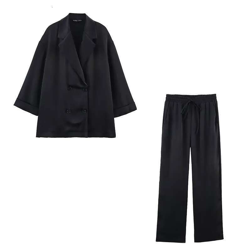 Bark Wrinkling Effect 2-Piece Pama Style Double Breasted Satin Sports Shirt High Waisted Long Pants Set