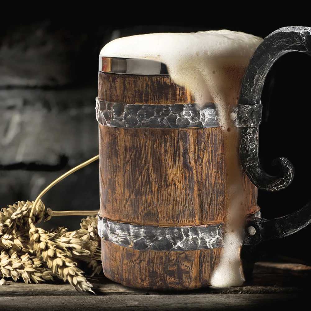 Viking Wood Style Beer Mug Simulation Wooden Barrel Beer Cup Double Wall Stainless Steel Insulated Drinking Coffee Mug Tea Cups Y251125