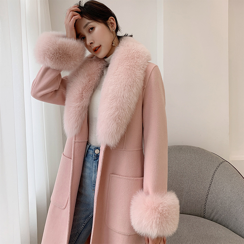 Fashion Women Woolen Coat Winter Slim Solid Pocket Double-Breasted Big Fur Collar Thick Warm Woolen Coat Female Outwear 240822