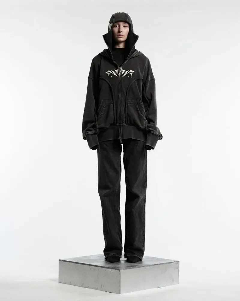 Y2K Harajuku Ninja Zipper Hoodie Oversized Embroidery Washed Double Hat Sweater American Streetwear Gothic Mens Top M250425