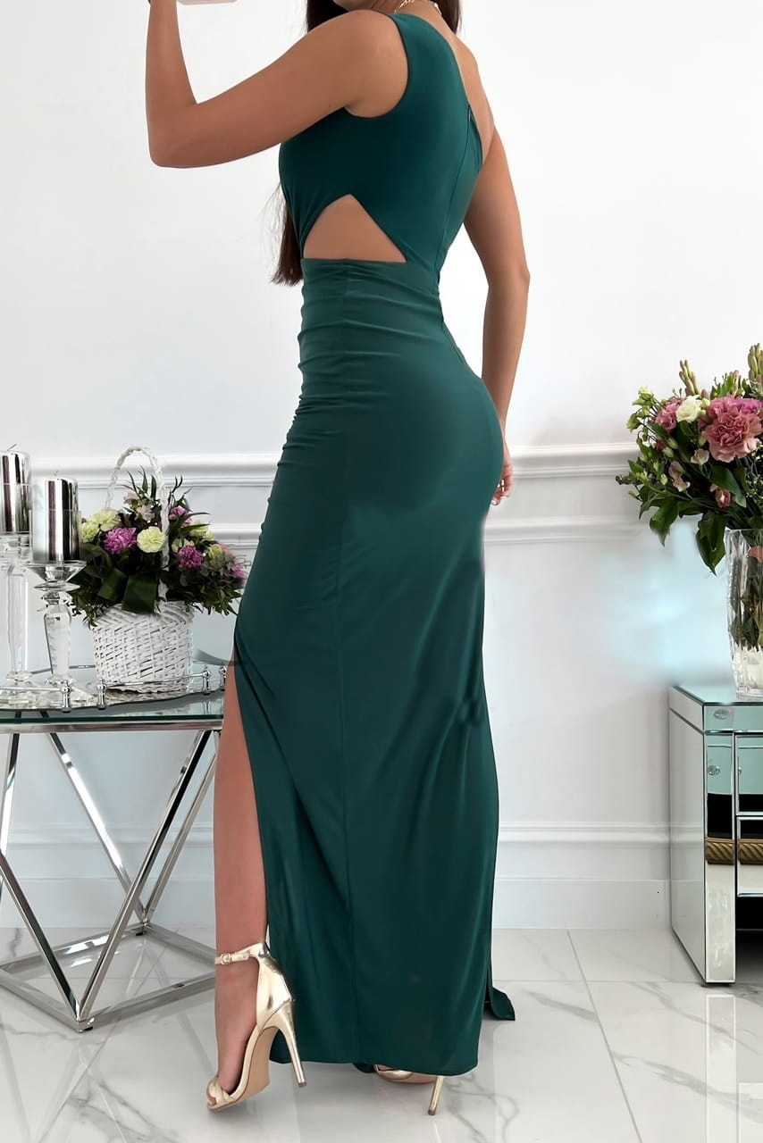 2022 summer sleeveless diagonal shoulder hollowed out split dress for women