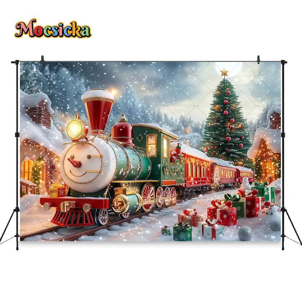 Christmas Colorful Train Background Photography New Years Eve Snowman Xmas Tree Gift Backdrop Booth Kids Winter Birthday PhotoM251125
