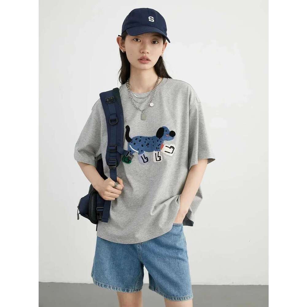 CHIC VEN Women T-Shirts Loose Streetwear Unisex Fun Dog Embroidered Short Sleeve Cotton Girl Tees Female Top Summer 2025