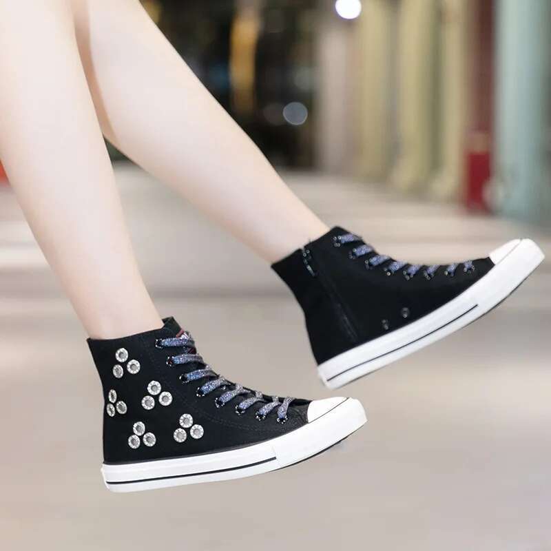 Spring and summer lace-up side zipper rivet breathable hole short canvas flat inner heightening large size women's shoes