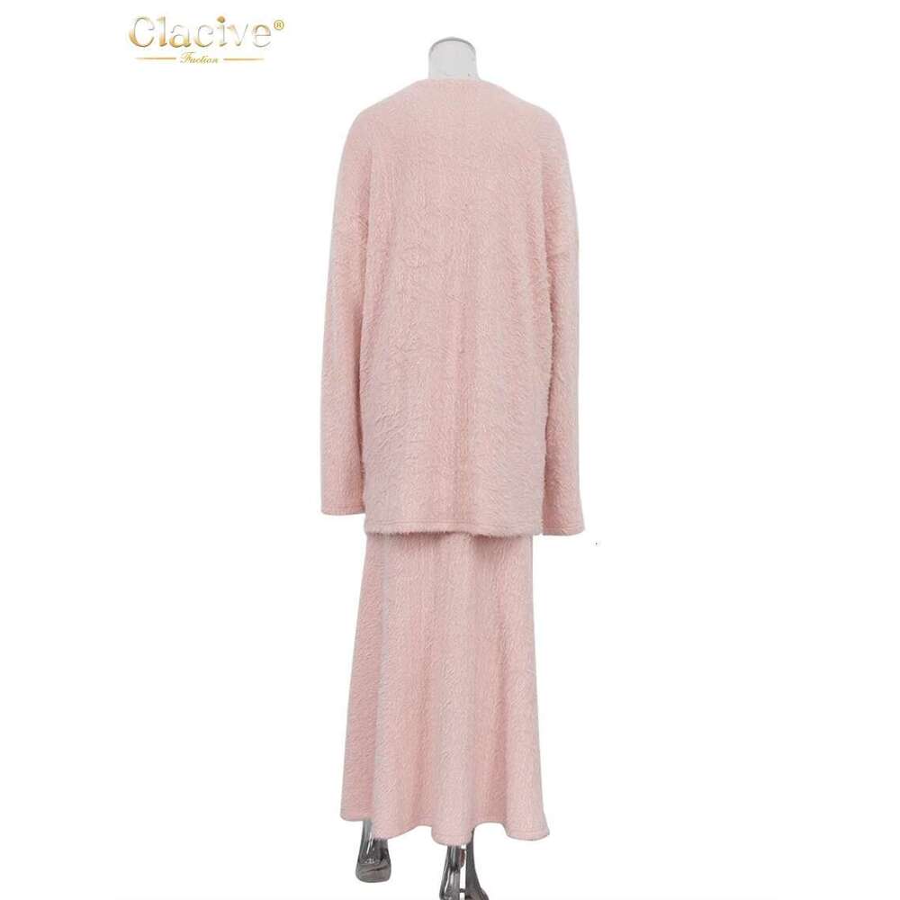Clacive Casual Loose Pink 2 Piece Sets Women Outfit 2024 Elegant Long Sleeve Shirt With High Waist Ankle Length Skirt Set Female
