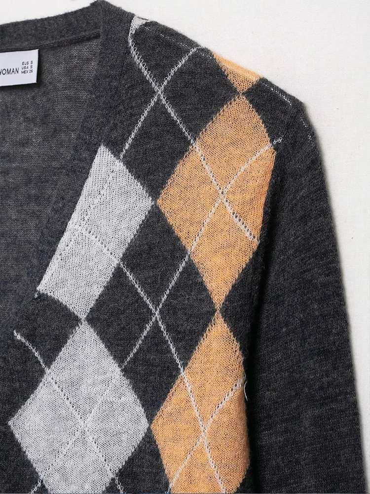 European style new womens fashion all-match temperament V-neck diamond pattern knitted cardigan sweater jacketT251125